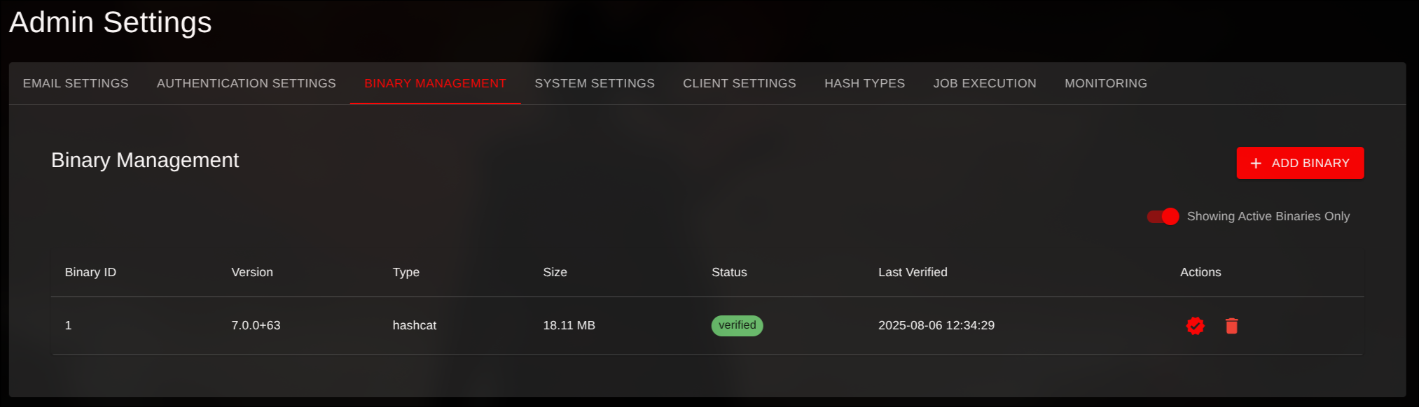 Binary Management Page