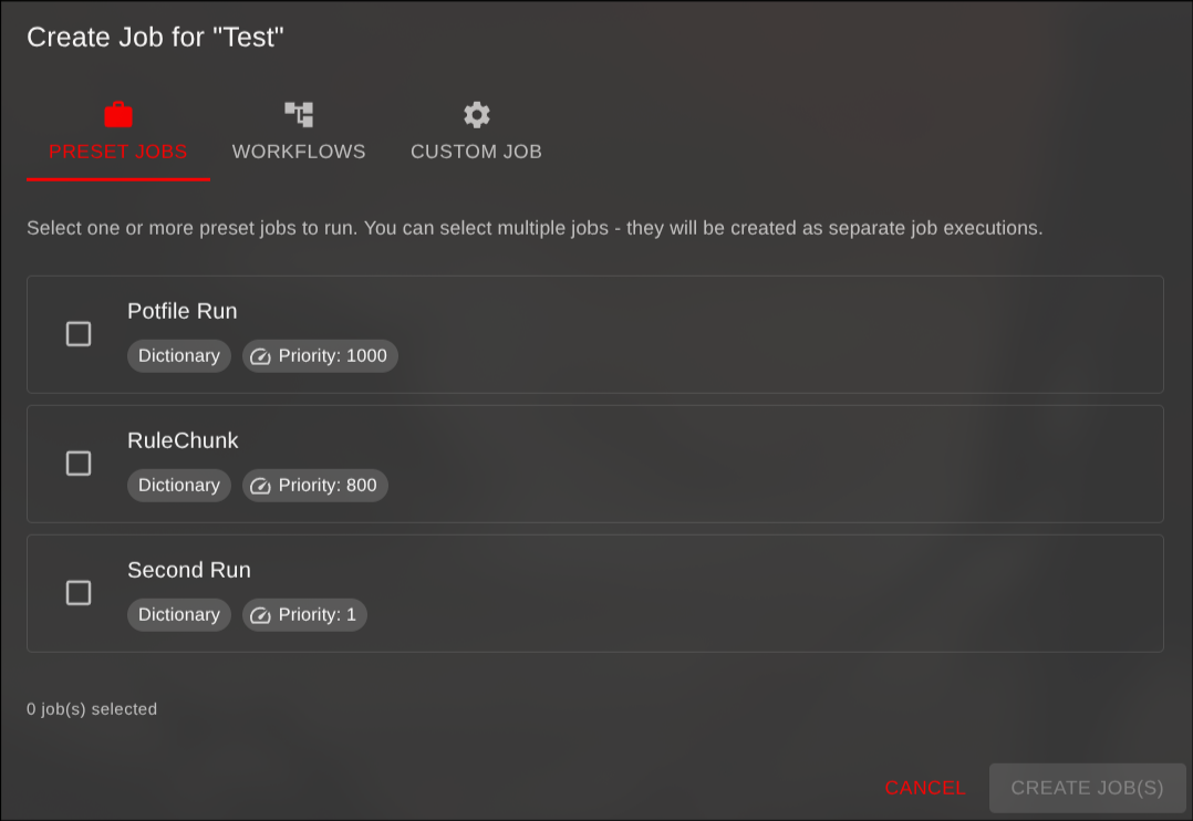 Create Job Dialog